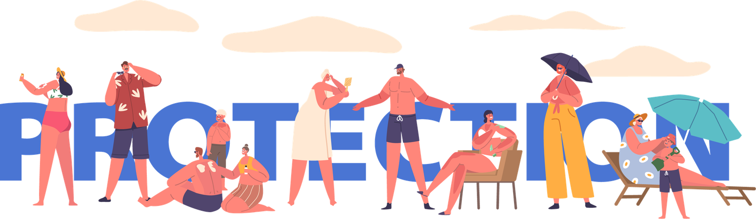People Characters Wisely Shield Themselves From The Sun Harsh Rays  Illustration