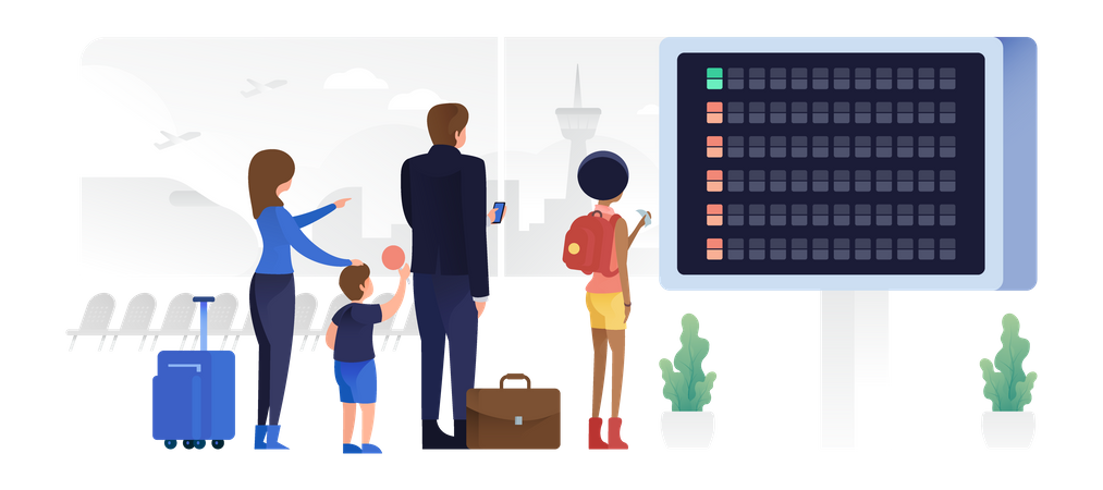 People Checking Departure Board Waiting For Their Flight  Illustration