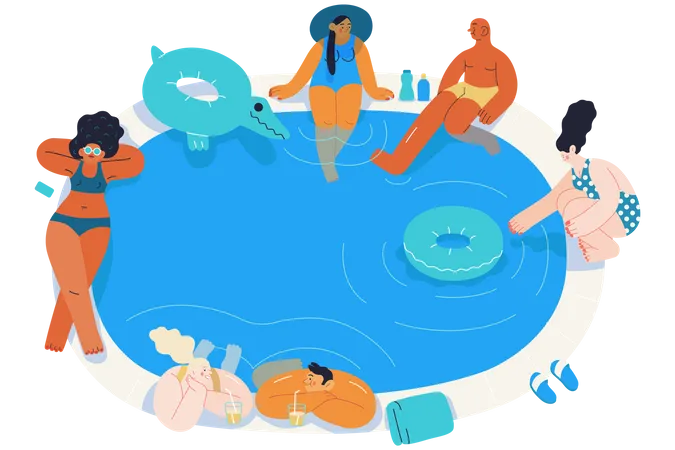 Beach Resort Activities Modern Outlined Flat Vector Concept Illustration Of People Relaxing And Chilling Out Around The Swimmimg Pool Talking People On The Nosing Wearing Swimsuits Rubber Rings Illustration