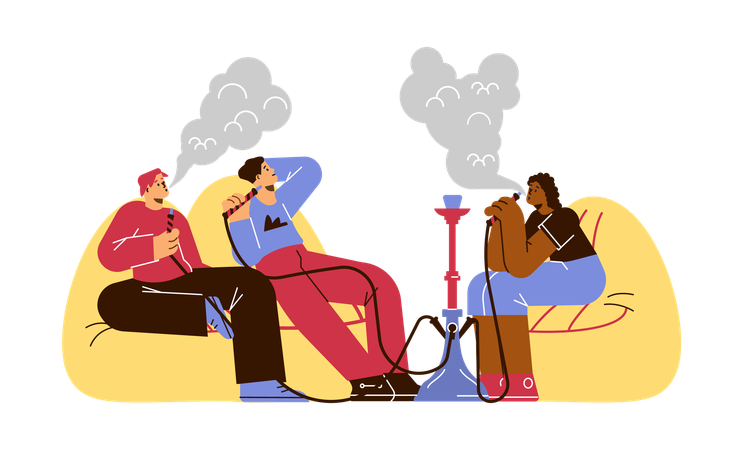 ラウンジバーでくつろぎながら水タバコを吸う人々  イラスト