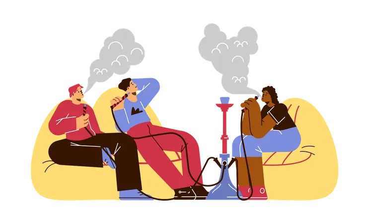 ラウンジバーでくつろぎながら水タバコを吸う人々  イラスト