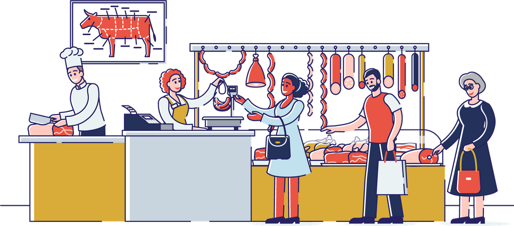 People Choosing And Buying Meat And Meat Products Illustration