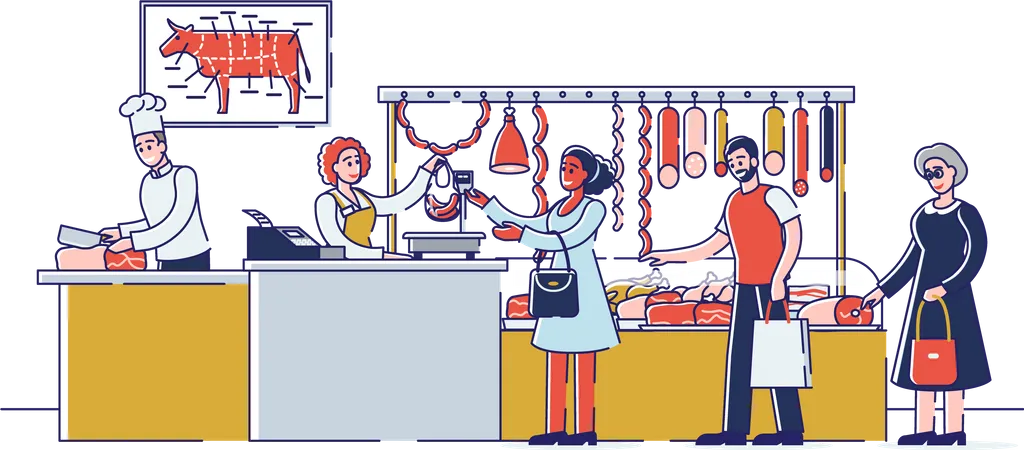 People Choosing And Buying Meat And Meat Products Illustration