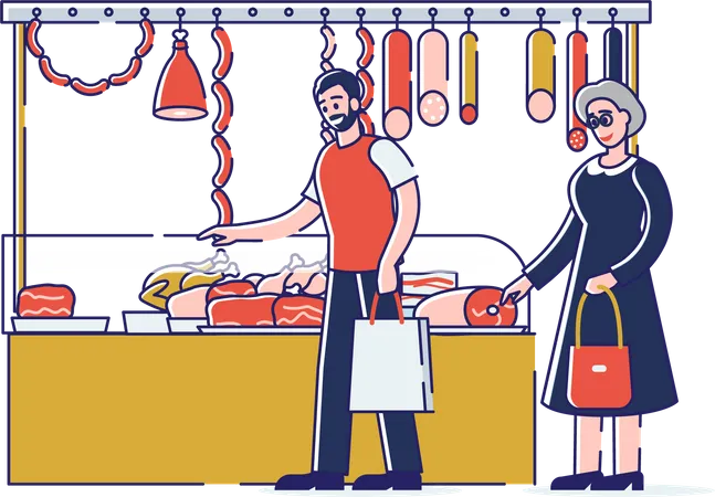 People Choosing And Buying Meat and Standing In Queue Illustration
