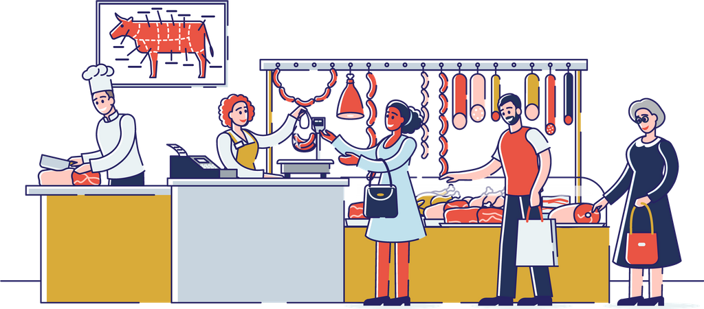 People Choosing And Buying Meat And Meat Products  Illustration