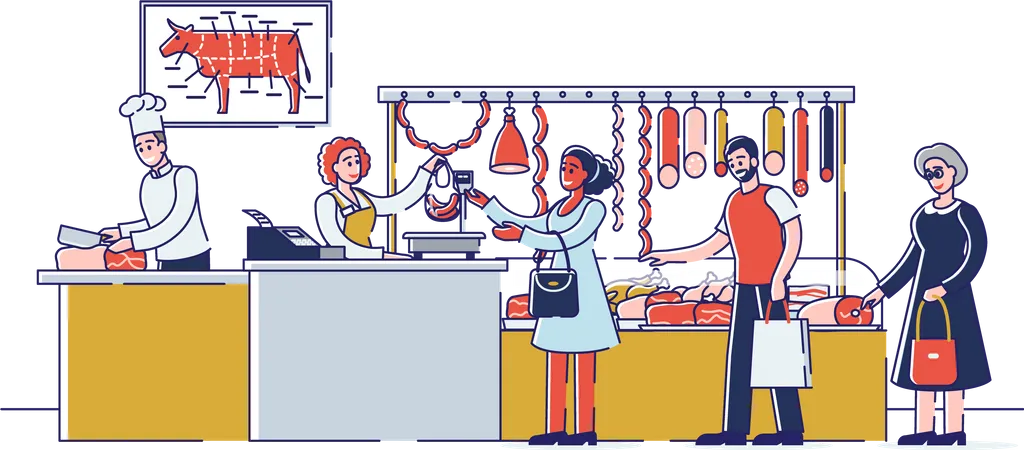 People Choosing And Buying Meat And Meat Products  Illustration