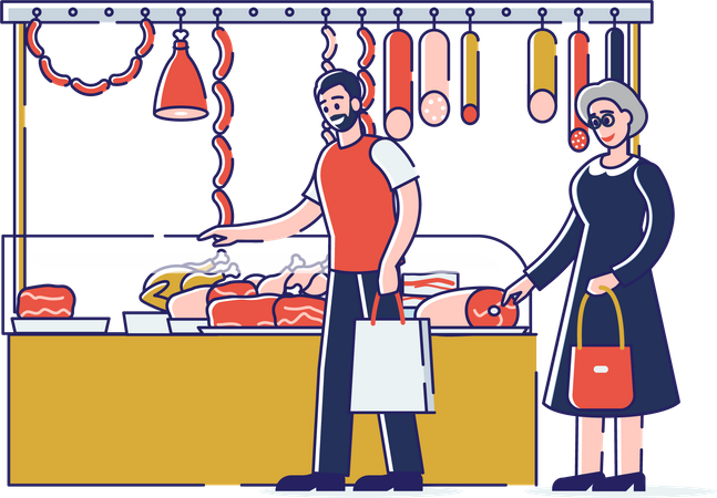 People Choosing And Buying Meat and Standing In Queue  Illustration