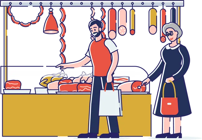 People Choosing And Buying Meat and Standing In Queue  Illustration