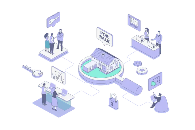 不動産業者を通じて新しい家を選び購入し、銀行の住宅ローンを組む人々  イラスト