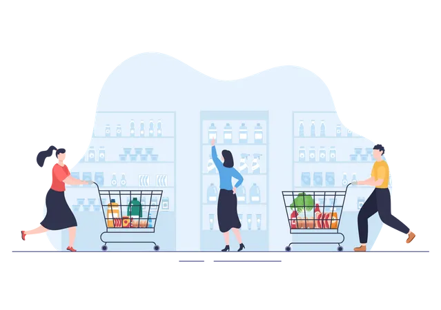 People choosing drink at supermarket  Illustration