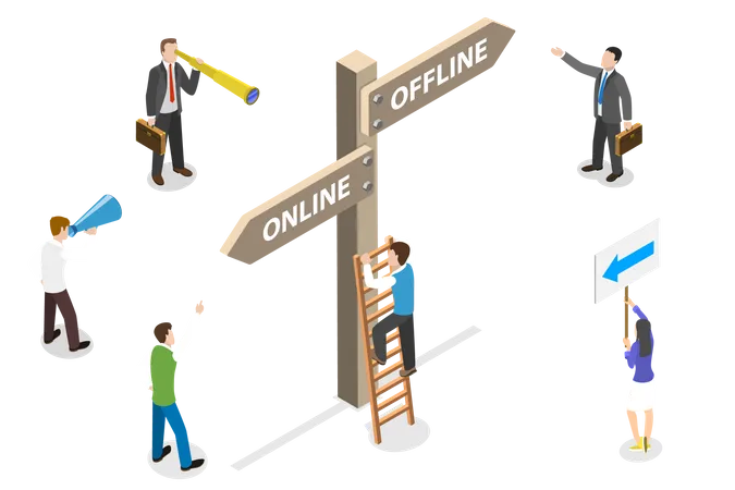 People choosing online or offline path Illustration