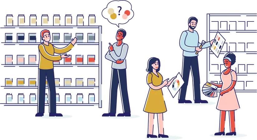 People choosing paint colors in hardware store Illustration