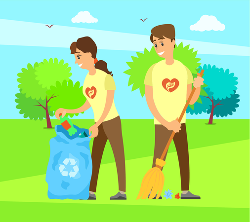 People cleaning garbage in city park area  Illustration