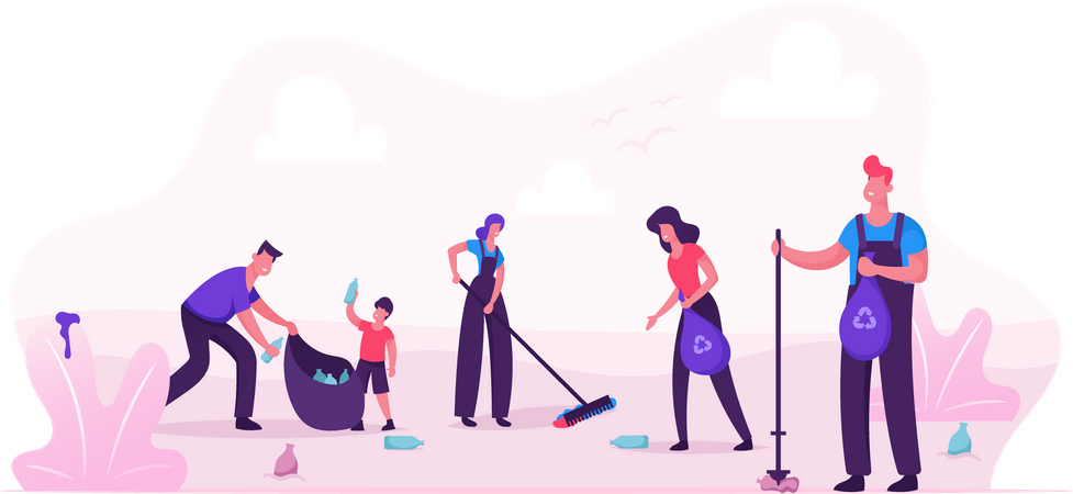 People Cleaning Garbage in City Park Area Illustration
