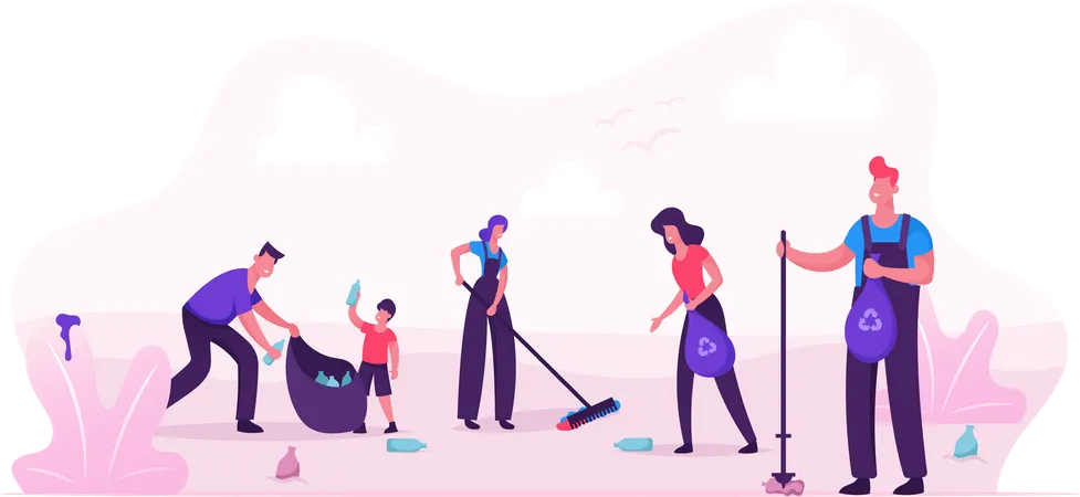 People Cleaning Garbage in City Park Area Illustration