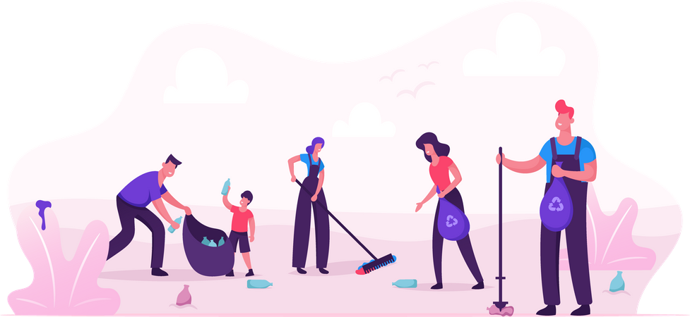 People Cleaning Garbage in City Park Area  Illustration