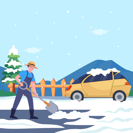 雪に埋もれた道路を清掃する人々  イラスト