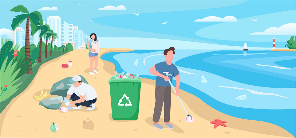 People cleaning sandy beach Illustration