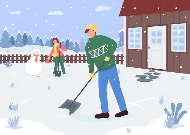 People Cleaning Snow Outside The House Flat Color Vector Illustration Outside Activity Creating Snowman Lovely Couple 2 D Cartoon Characters With Forest Covered With Snow On Background Illustration