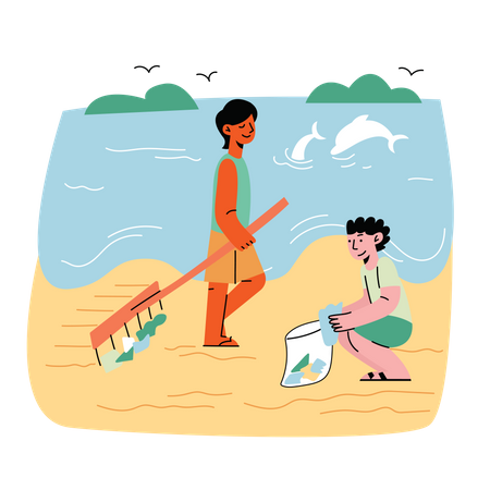 People cleaning the beach  Illustration