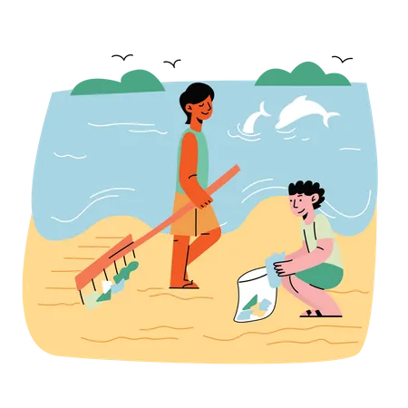 People cleaning the beach  Illustration