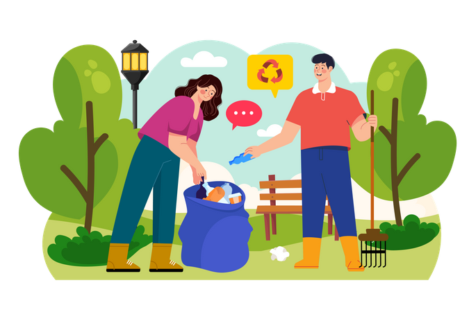 People Cleaning The Trash In The Park Illustration
