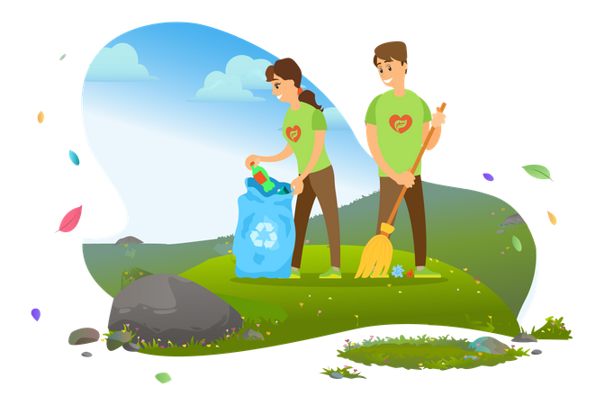 People Cleaning Trash In Park  Illustration