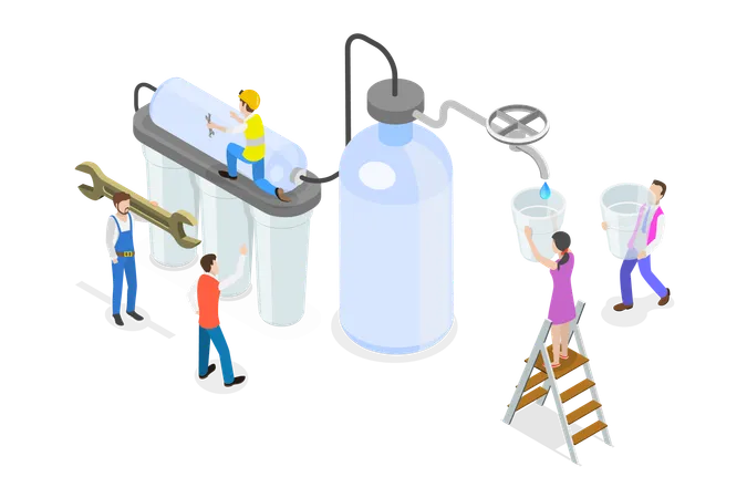 浄水サービス、汚染を低減して洗浄する液体の 3 D アイソメトリック フラット ベクトル イラスト イラスト
