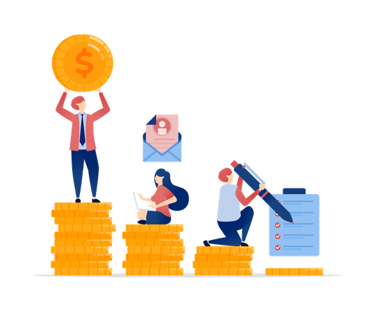 People Climb Coin Piles Representing Financial Growth  Illustration