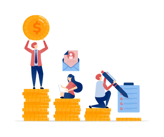 People Climb Coin Piles Representing Financial Growth  Illustration