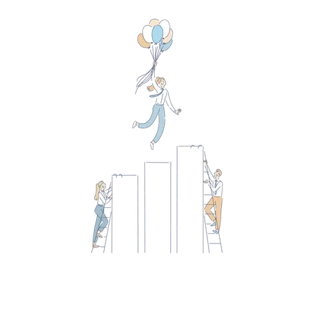 People Climbing Career Ladder To Success Achieving Goals And Dreams Woman Floating On Balloons Reaching Peak Performance Banner Career Growth Cartoon Concept Sketch Flat Vector Illustration Illustration