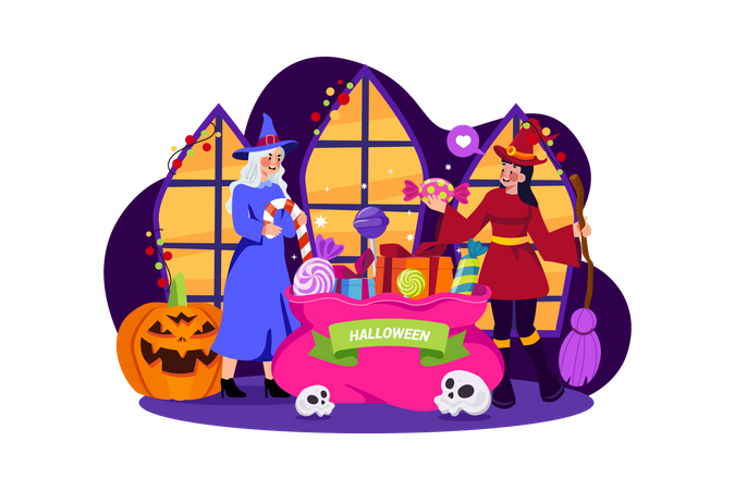 People Collected Halloween Candies Illustration