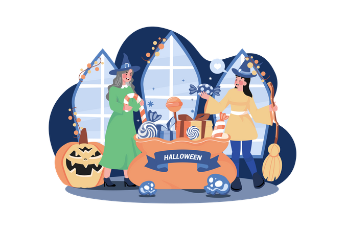 People Collected Halloween Candies Illustration