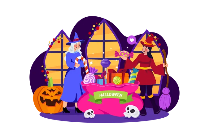 People Collected Halloween Candies  Illustration