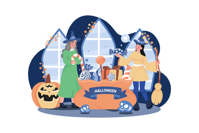 People Collected Halloween Candies  Illustration