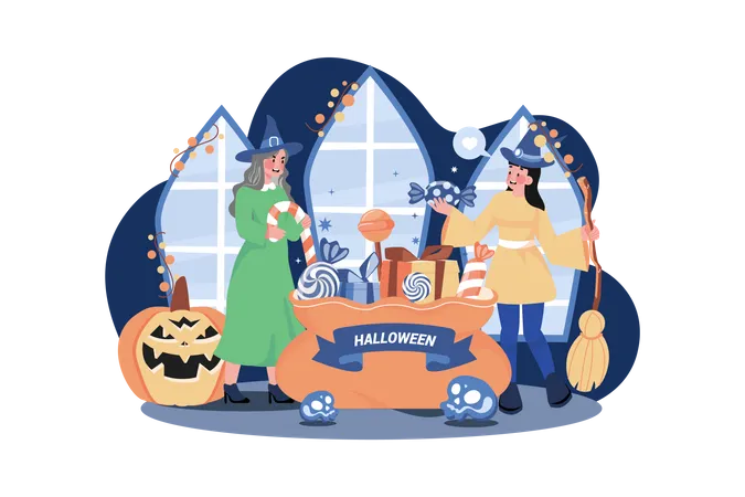 People Collected Halloween Candies  Illustration