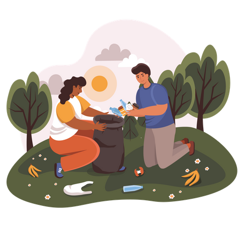 People Collecting Garbage Illustration