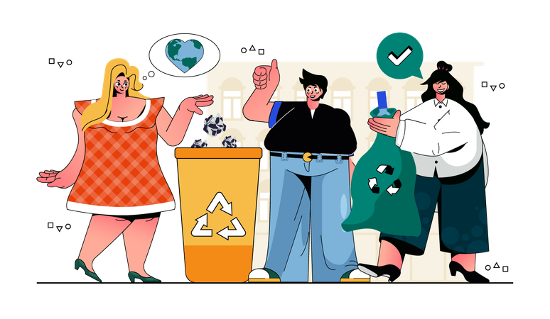 People collecting trash sorting garbage into separate bins take care of ecology save Earth  Illustration
