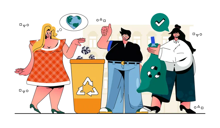 People collecting trash sorting garbage into separate bins take care of ecology save Earth  Illustration