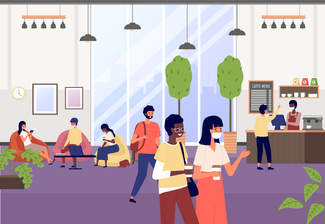 People communicate and buy coffee at bakery shop  Illustration