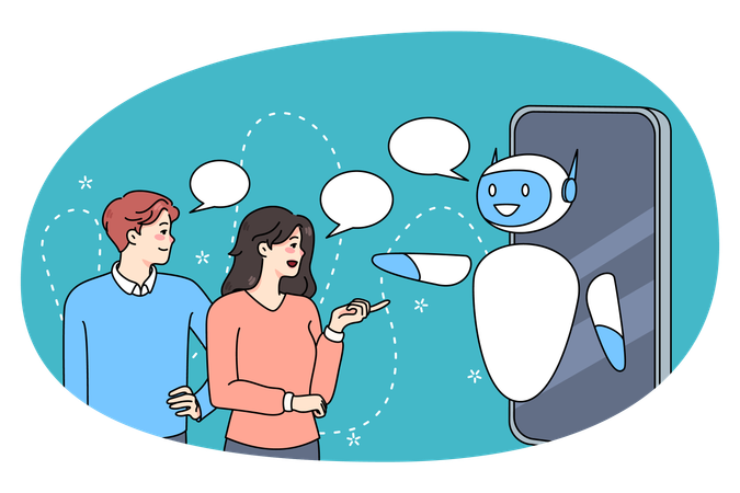 People communicate with online robot on cellphone  Illustration