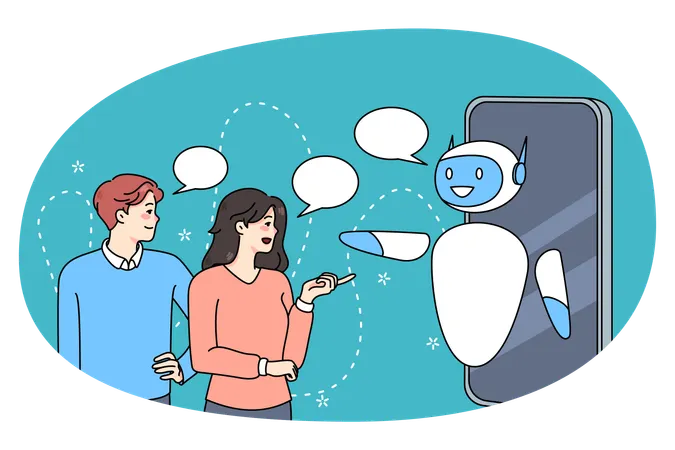 People communicate with online robot on cellphone  Illustration