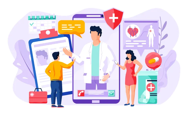 People communicate with the doctor remotely medical application  Illustration