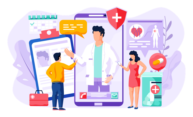 People communicate with the doctor remotely medical application  Illustration