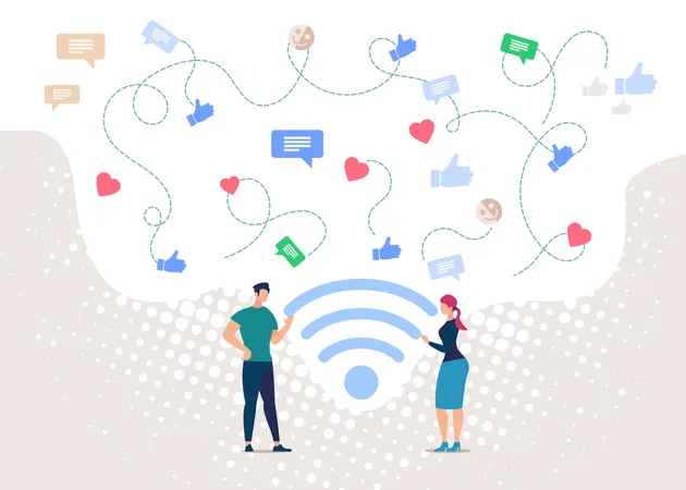 People Communicating in Social Network, Wireless Public Internet Access Point  Illustration