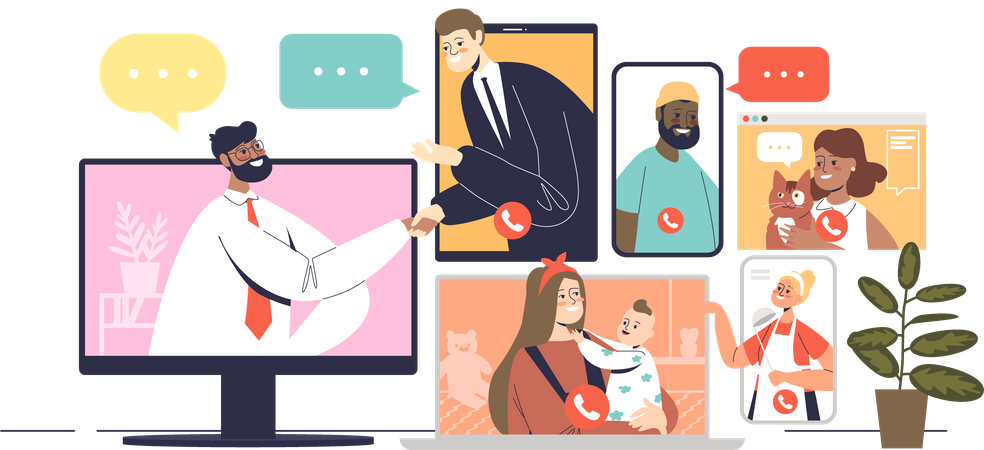 People communicating via online video conference Illustration