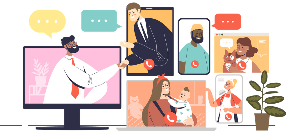 People communicating via online video conference  Illustration