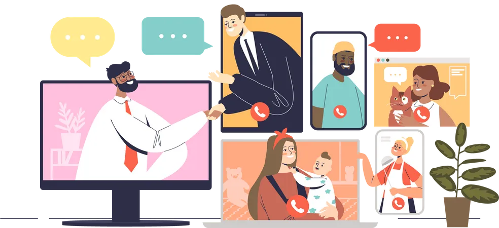 People communicating via online video conference  Illustration