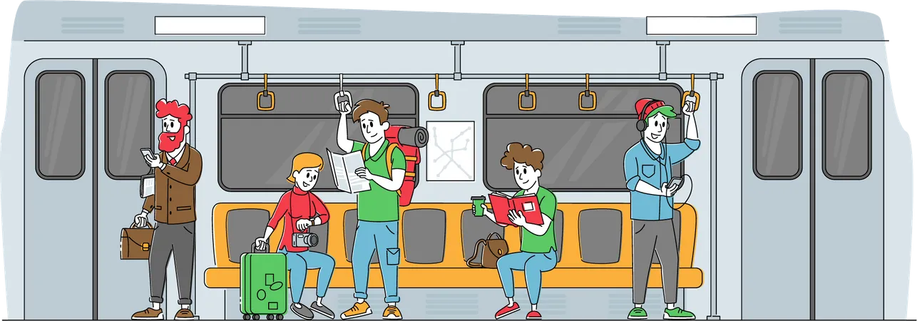 People Going By Subway Train At Work Passengers In Underground Using Urban Public Transport Metro Tourists And Native Citizens Characters Inside Underpass Transportation Linear Vector Illustration イラスト