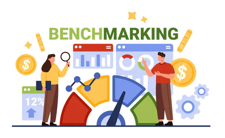 Benchmarking Analysis Tiny People Compare Business Indicators Of Product Data Performance Report And Metrics To Bests Practice Strategic Planning For Quality Growth Cartoon Vector Illustration 일러스트레이션